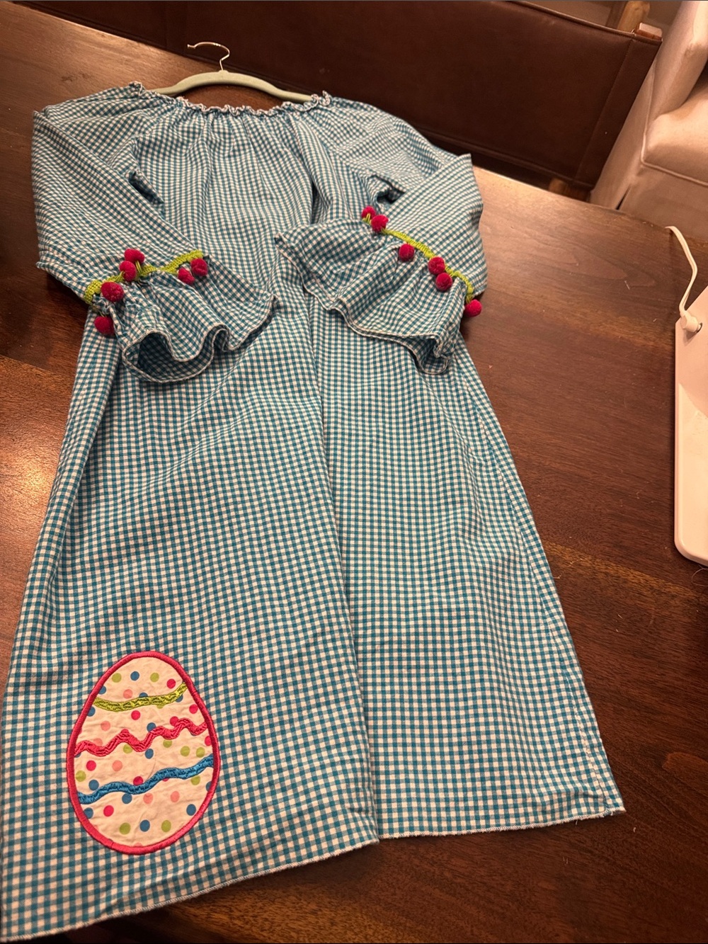 Lolly Wolly doodle Blue Gingham Dress with Embroidered Easter Egg